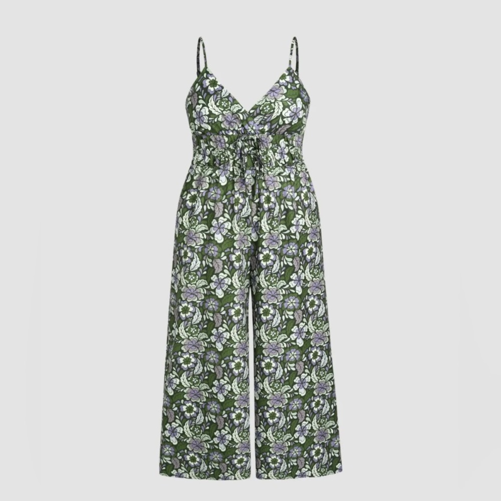 Adorable and comfy wide-leg floral jumpsuit with shirred back.